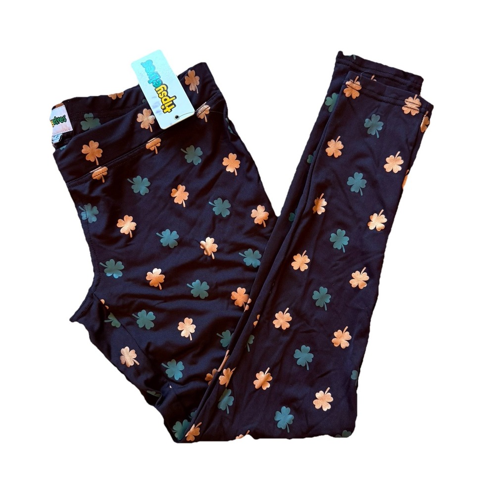 Tipsy Elves NWT Black Green & Gold Foil Clover High-Waisted Leggings st patrick